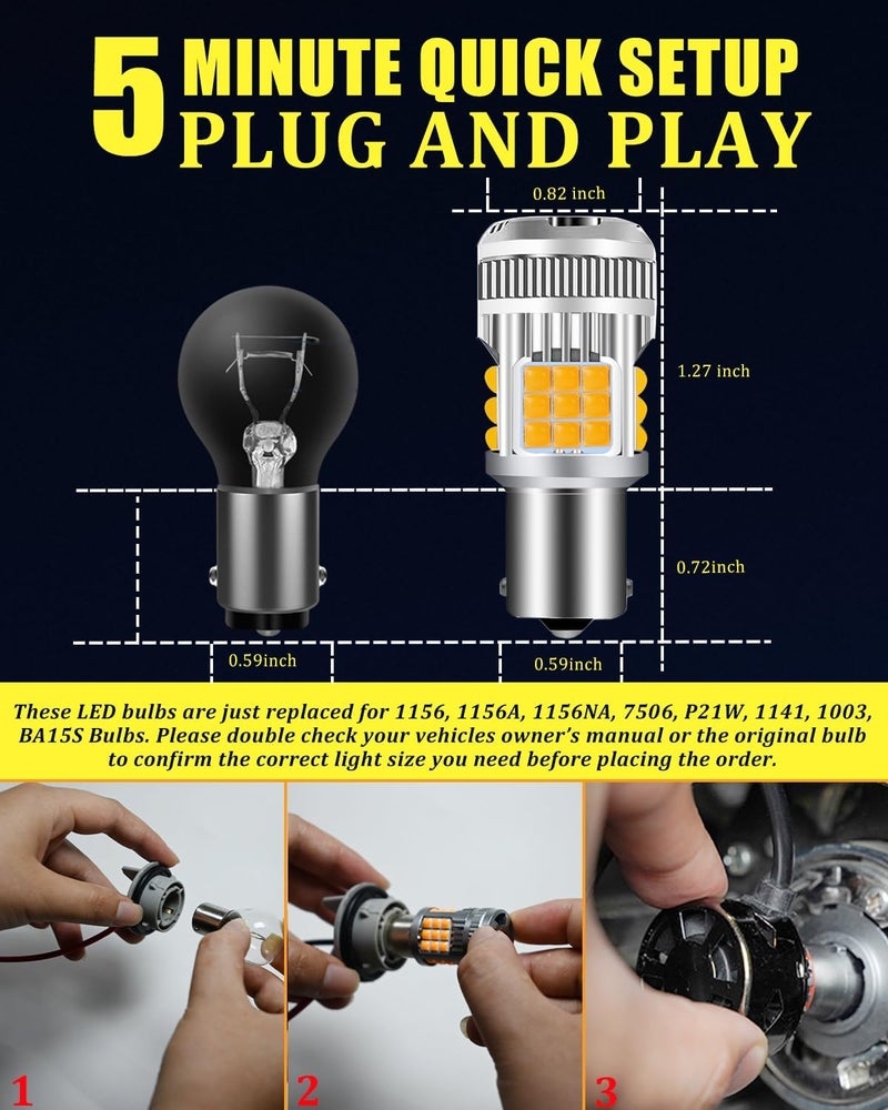 LEDYOTRY 1156 لمبات LED أمبر فائقة السطوع 4000LM ضوء إشارة الانعطاف مع مقاوم مدمج خالي من أخطاء CANBUS 7506 1156A 1003 1141 P21W BA15S لمبة للإشارة الأمامية والخلفية، مضادة للوميض المفرط (عبوة من 2) - Image 3